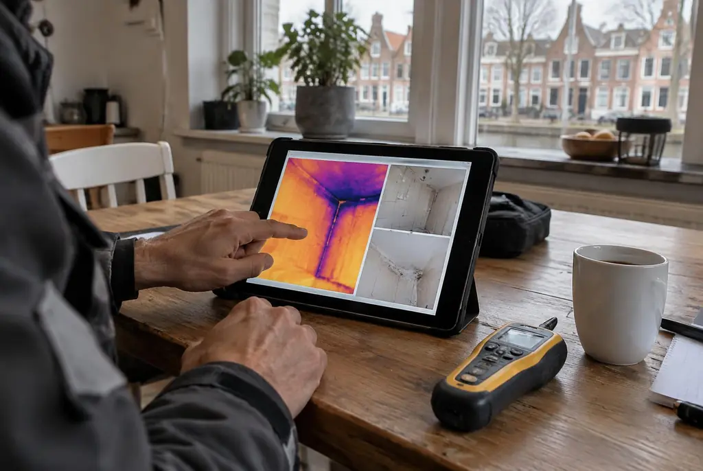 Lekdetectie Scherpenzeel – lekdetectierapport met warmtebeelden en foto's op een tablet