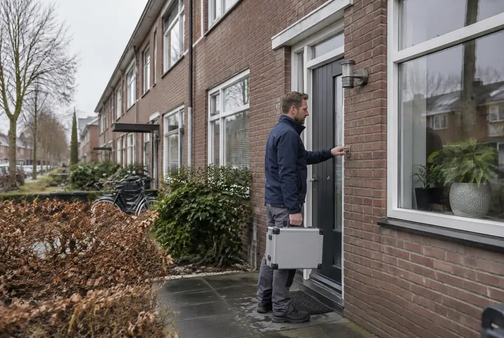 Lekdetectiespecialist met meetkoffer bij de voordeur van een woning in Scherpenzeel